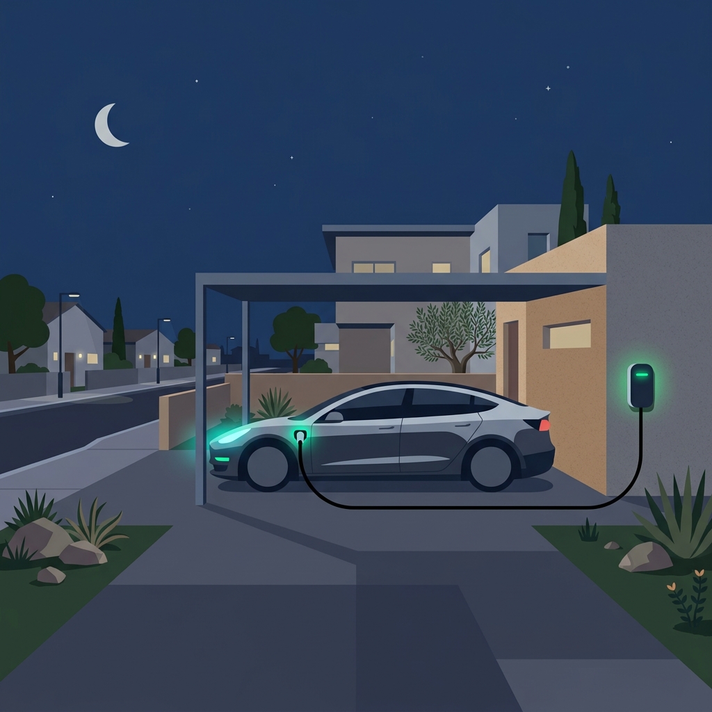 רכב חשמלי טוען בחניה פרטית בשכונה ישראלית בלילה